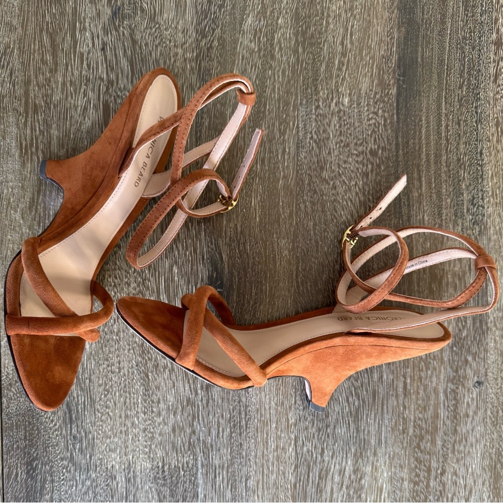 Veronica Beard Manuela 95MM Suede Ankle-Strap Wedge Sandals Caramel Brown 5.5 - Picture 6 of 11